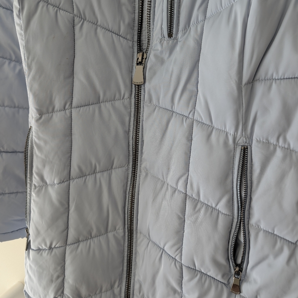 Calvin Klein Light Blue Gray Quilted Puffer Coat with Faux Fur Hood - Picture 6 of 11
